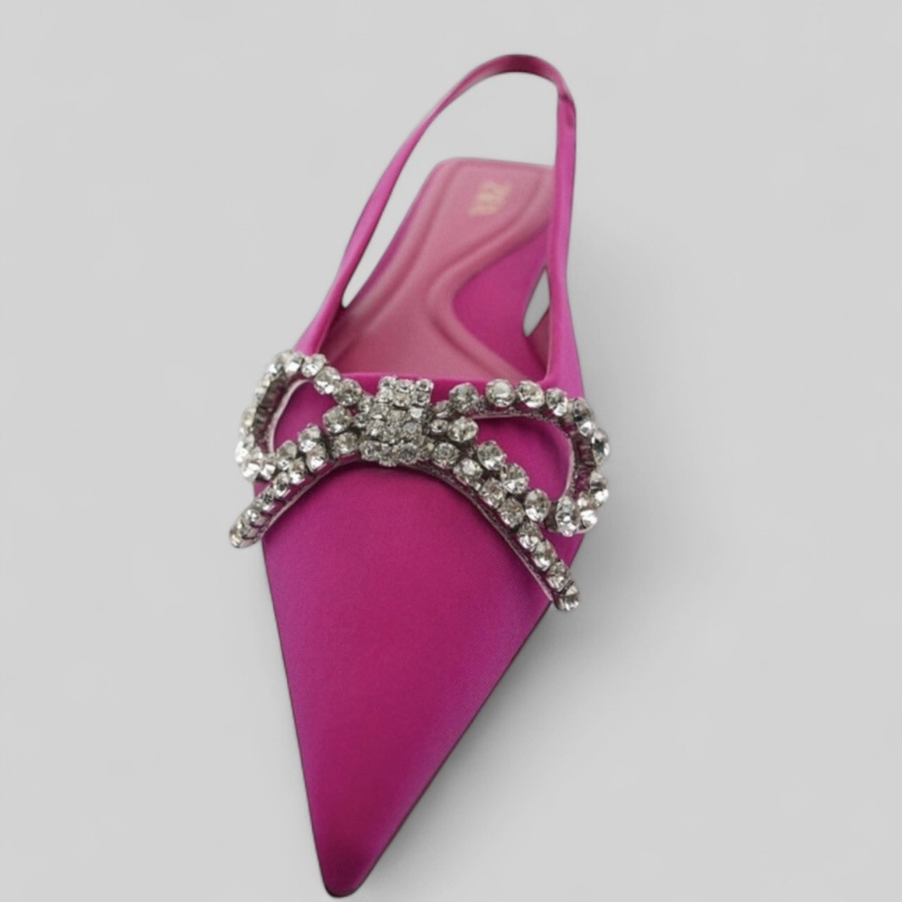 Zara Pink Satin Slingback Flats Crystal Bow Pointed Toe Size 9 NWOT - Picture 7 of 13